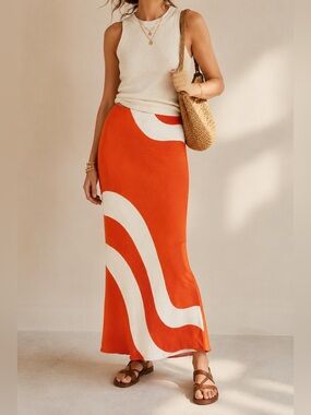 Anthropologie Tilda Linen Maxi Slip Skirt Orange Wave Size S MSRP $148